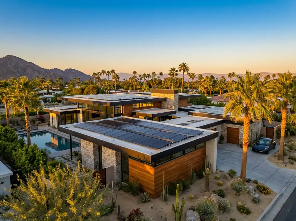 Solar panels on a modern Coachella Valley home with palm trees and mountains at dusk