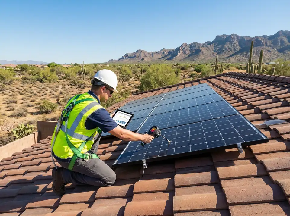 Solar Flare technician performing solar maintenance on a rooftop system